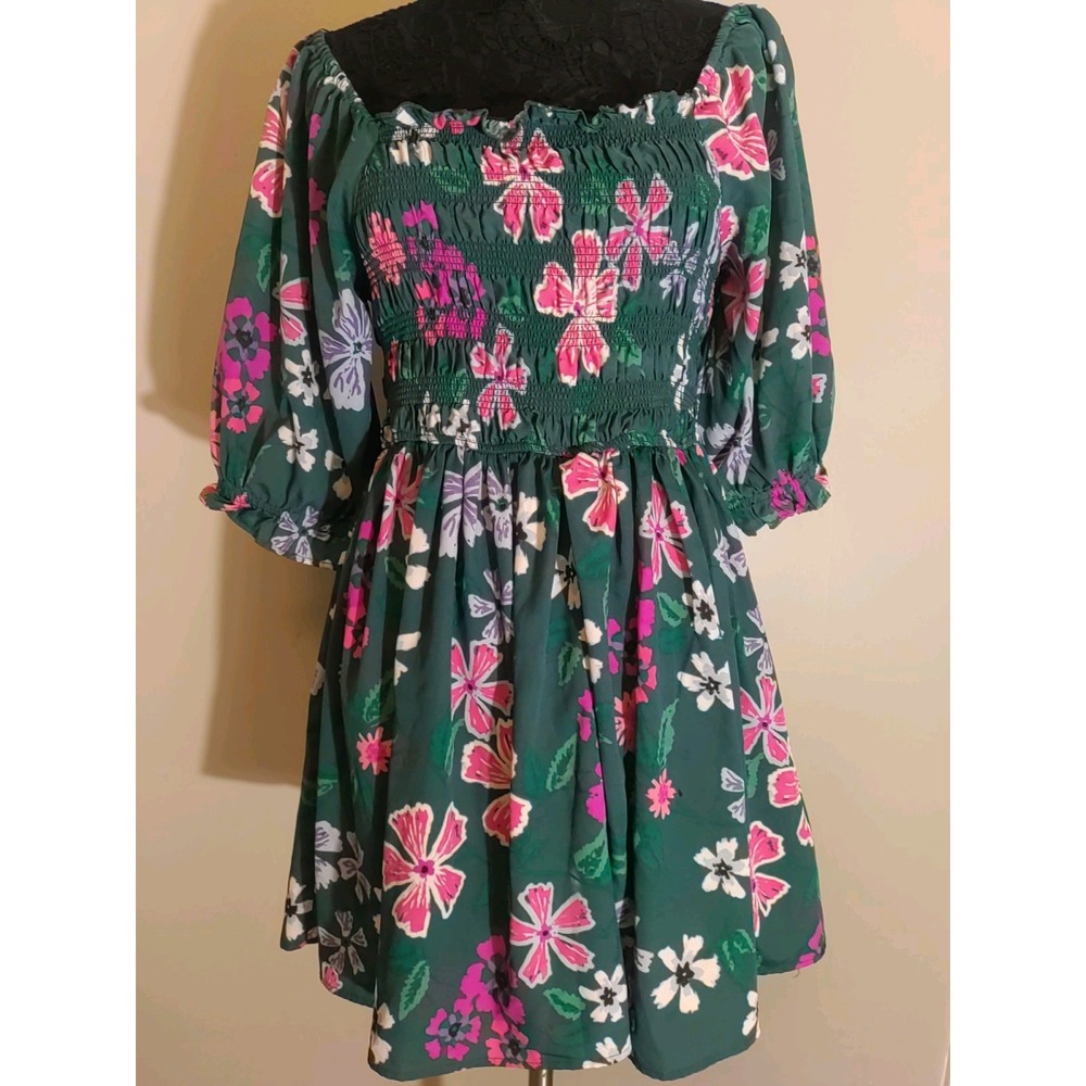 Girl Soul Green Multicolor Floral Elastic Bust Puff Sleeves Dress Size Xl‎